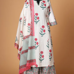 Pink and White Pure Cotton Floral Print Kurta with Palazzos & Dupatta