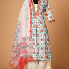 Women Blue and Pink Floral Printed Kurta with Palazzo & Dupatta