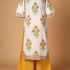 White and yellow floral print kurta with Palazzo and Dupatta