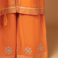 Orange & Gold-Toned Embroidered Kurta with Garara & Dupatta