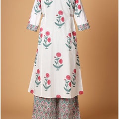 Pink and White Pure Cotton Floral Print Kurta with Palazzos & Dupatta