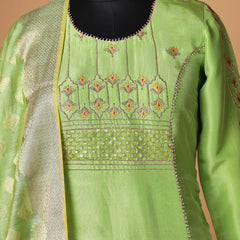 Women Green & Gold-Toned Embroidered Kurta with Palazzo & Dupatta