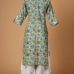 Green and white Floral Printed Pure Cotton Kurta with Palazzos & With Dupatta
