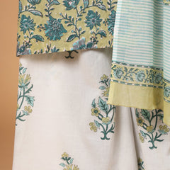 Green and white Floral Printed Pure Cotton Kurta with Palazzos & With Dupatta
